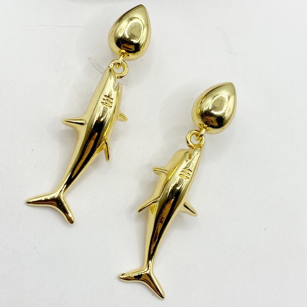 NEW Gold Great White Shark Drop Earrings